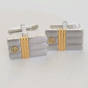 Dunhill D Cufflinks Silver Gold Tone Logo Rectangle Logo Retro Stripped Two Tone